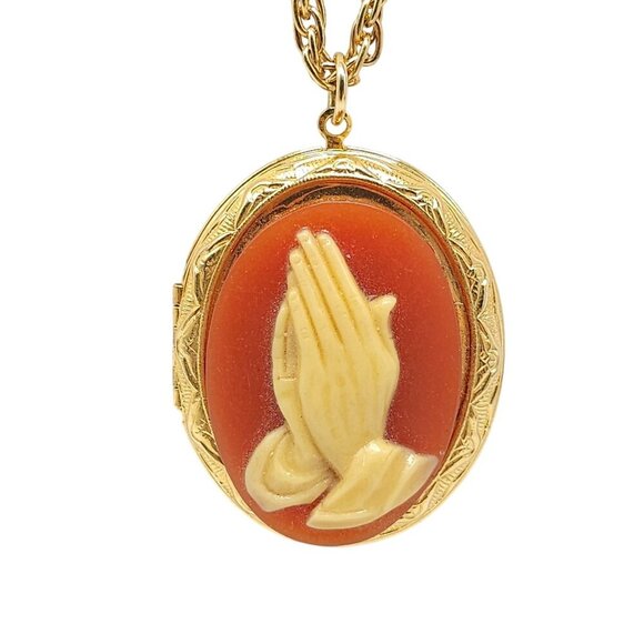 Vintage Gold Toned Resin Praying Hands Locket Pendant Necklace With Chain - Picture 1 of 7